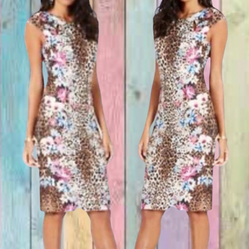 Thalia Sodi Brown Leopard Floral Print Scuba Midi Sheath Dress - Picture 3 of 14
